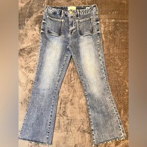 Dear John Light Blue Flare Jeans with Braided Pocket Trim Distressed Size 29